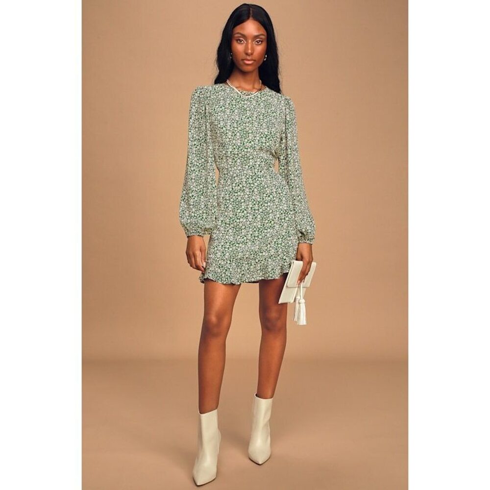 NWT Lulus Blooming Darlin' Green Floral Print Ruffled Mini Dress - Size S